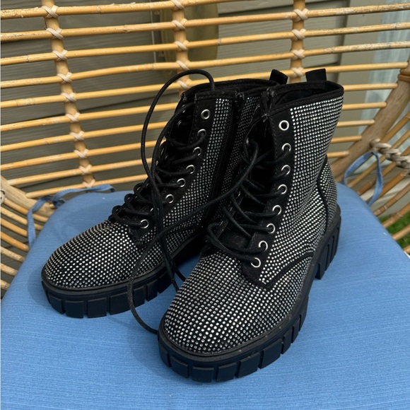 Madden NYC Womens Combat Boots Size 8 Black Rhinestone - Picture 1 of 8